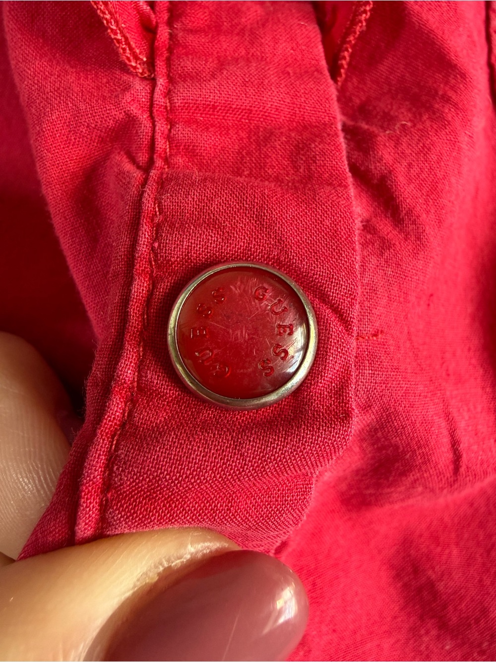 GUESS Girls Red Ruffle Button Down Shirt Rhinestone Logo Size 3T - Picture 5 of 8